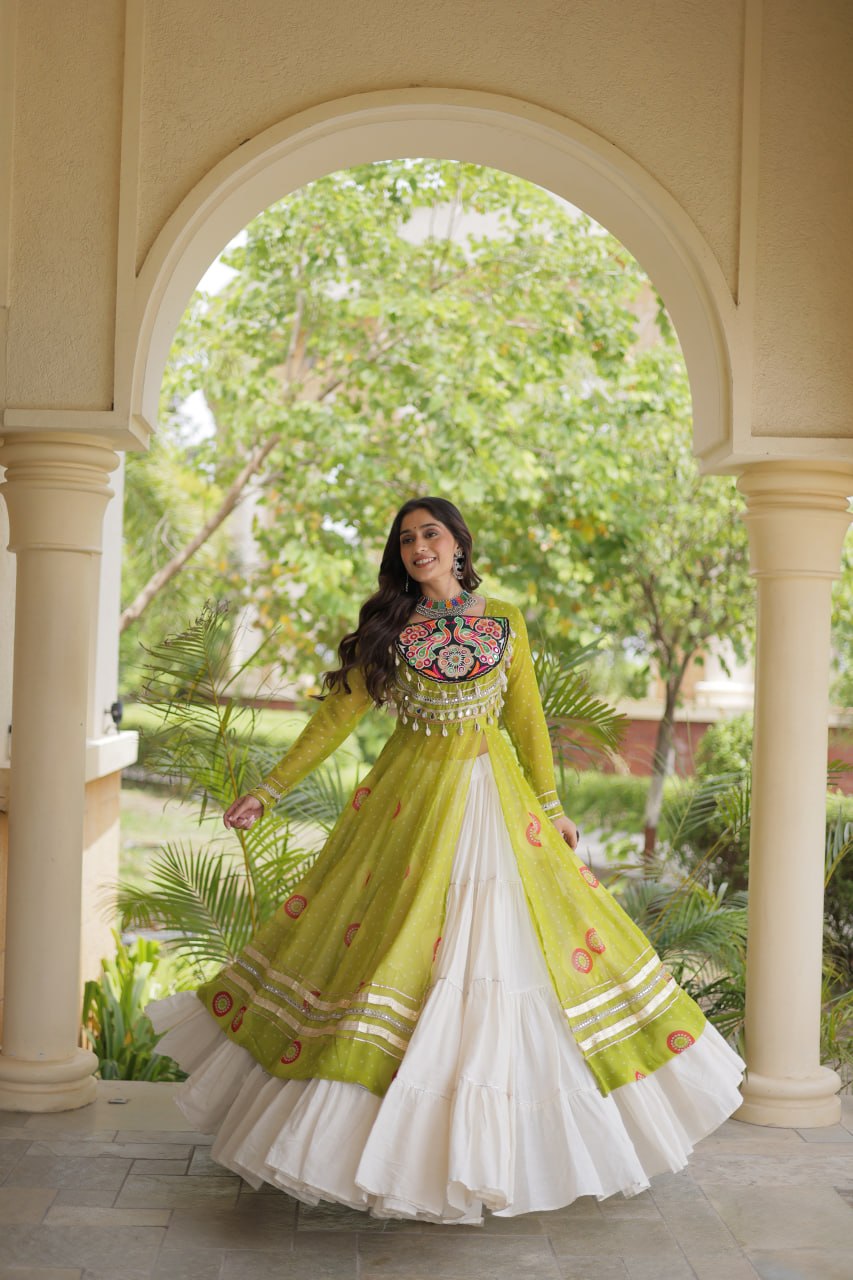 Parrot Green Bandhani Kurti With Lehenga