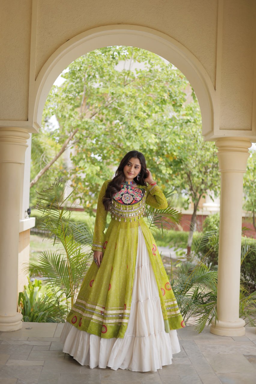 Parrot Green Bandhani Kurti With Lehenga