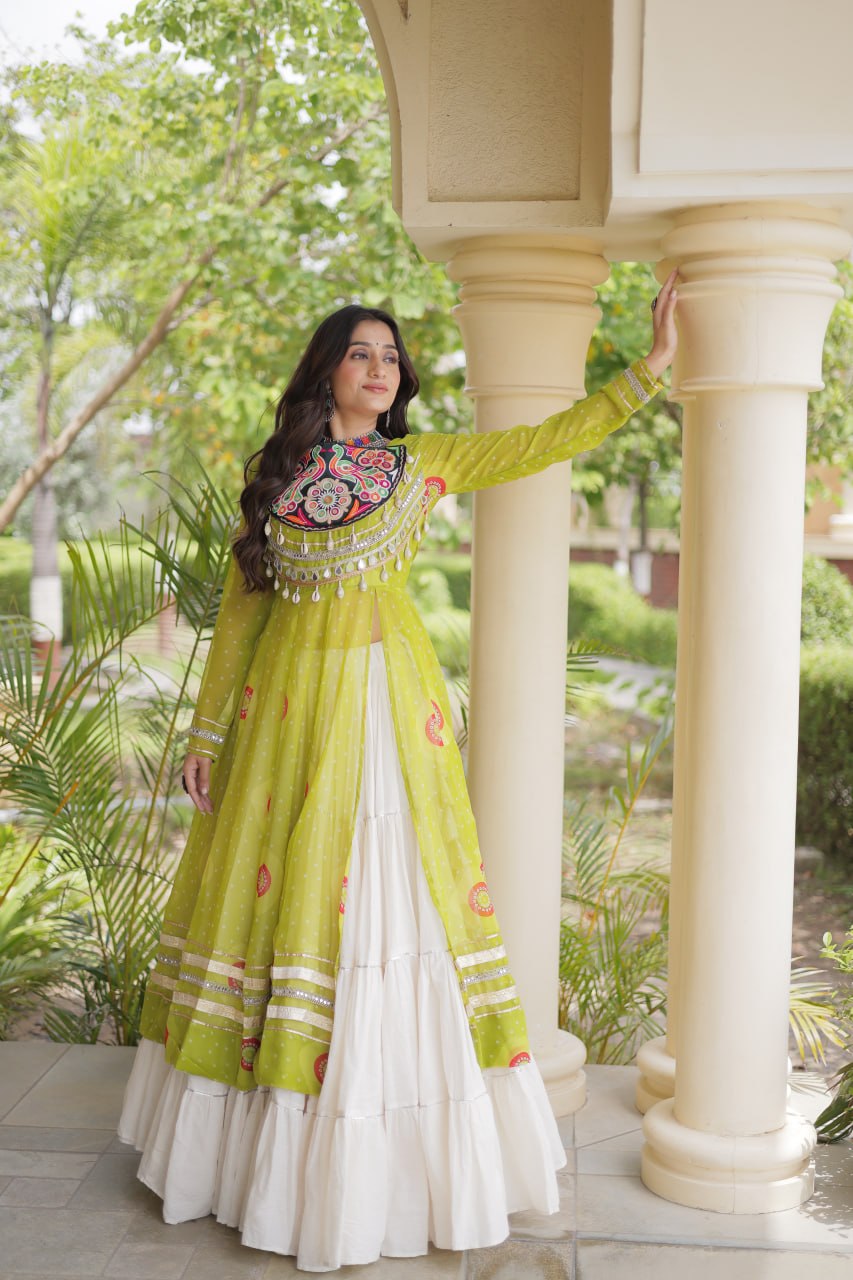 Parrot Green Bandhani Kurti With Lehenga