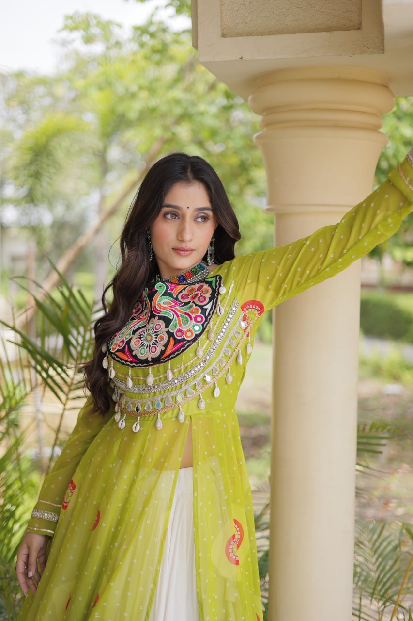 Parrot Green Bandhani Kurti With Lehenga