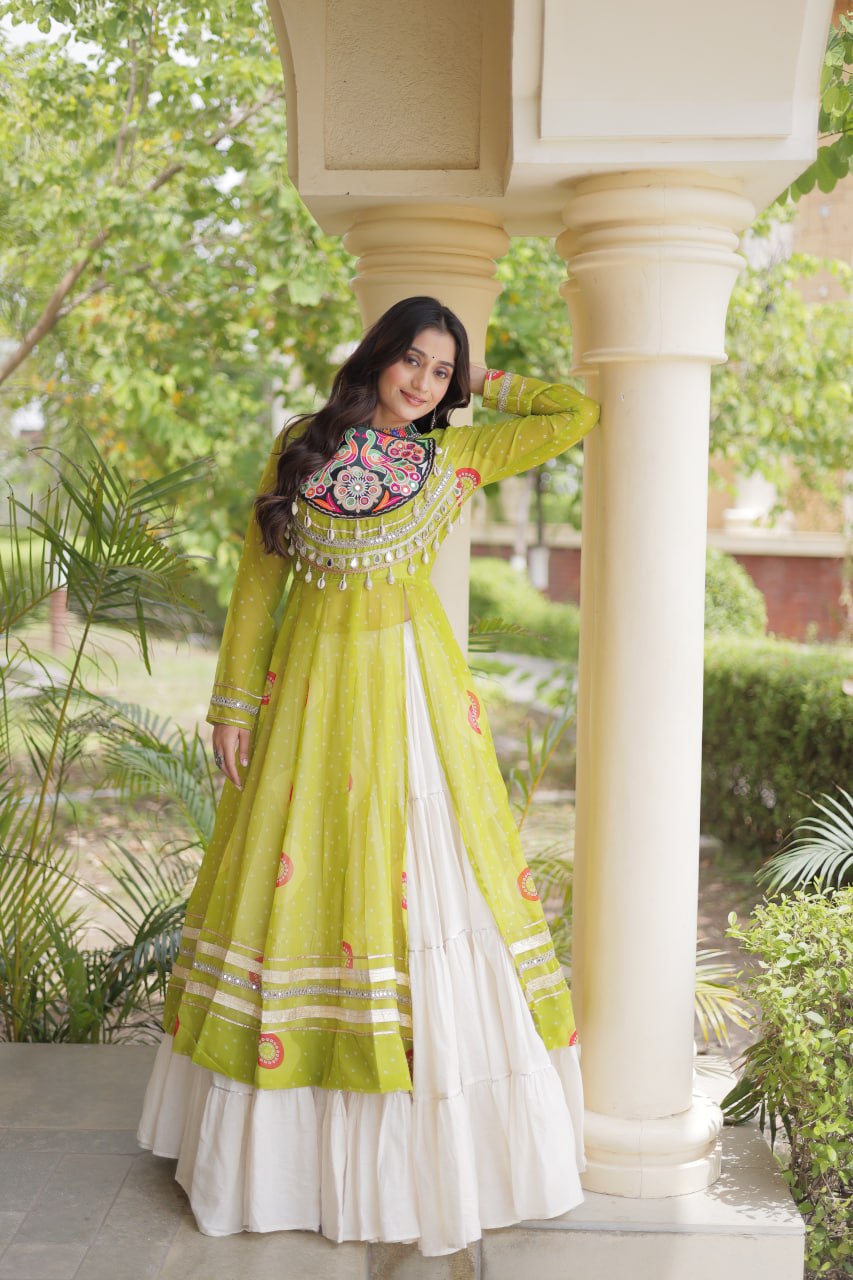Parrot Green Bandhani Kurti With Lehenga