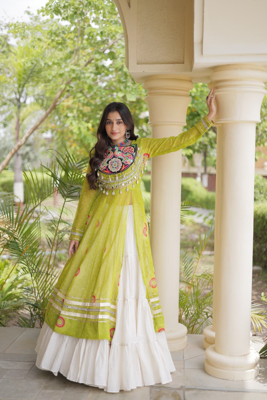 Parrot Green Bandhani Kurti With Lehenga