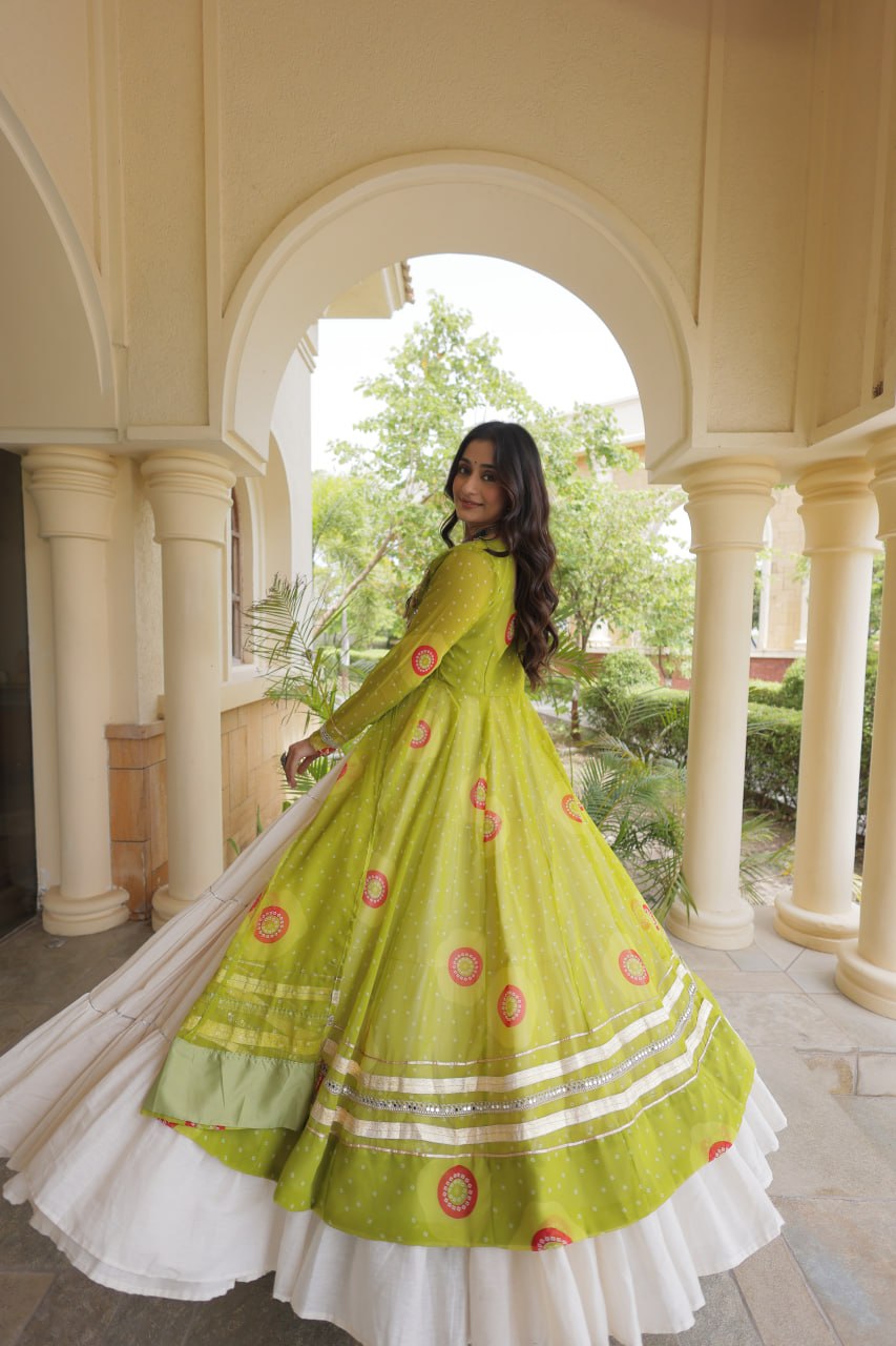 Parrot Green Bandhani Kurti With Lehenga
