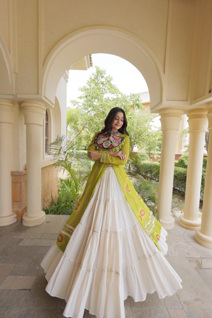 Parrot Green Bandhani Kurti With Lehenga