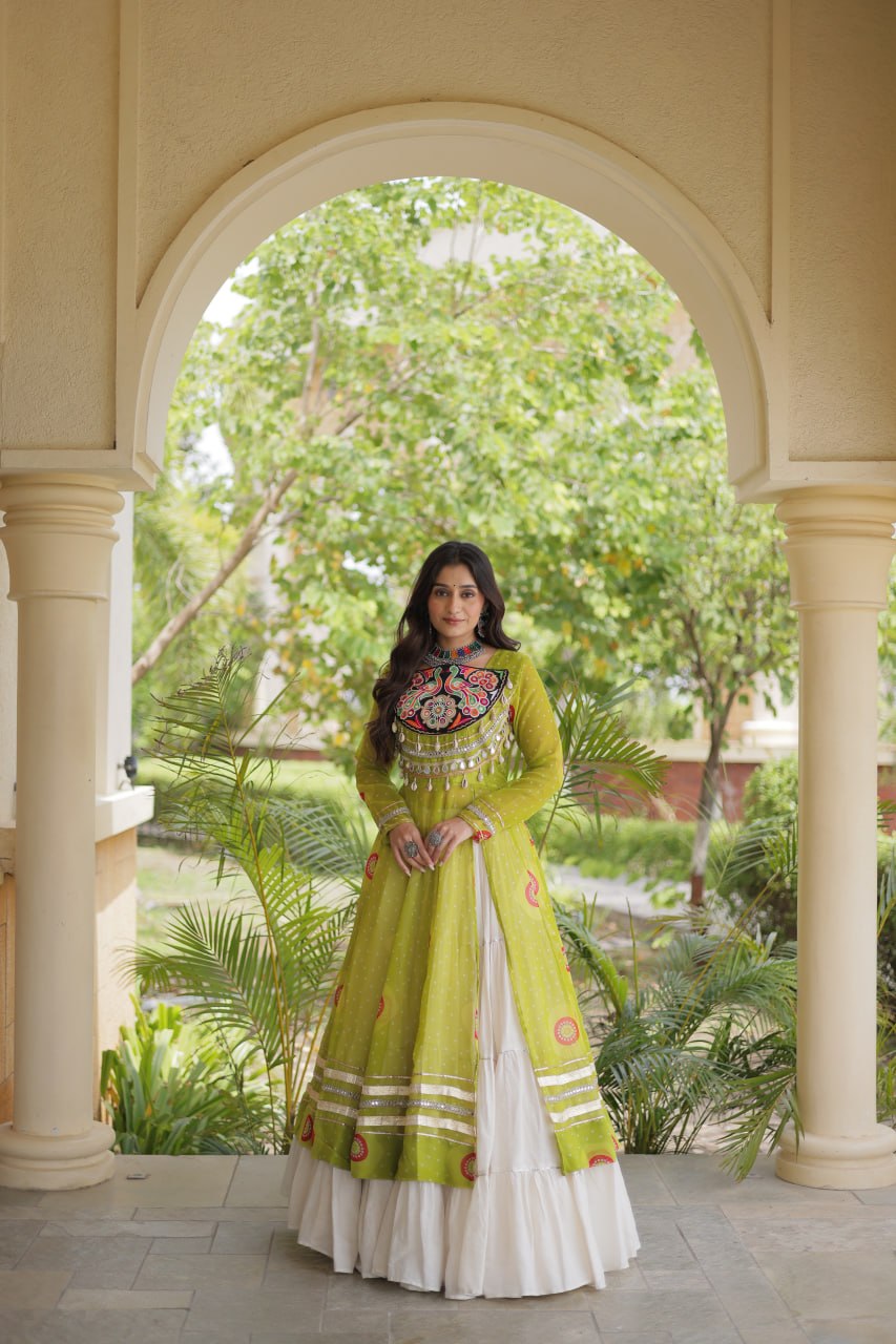 Parrot Green Bandhani Kurti With Lehenga