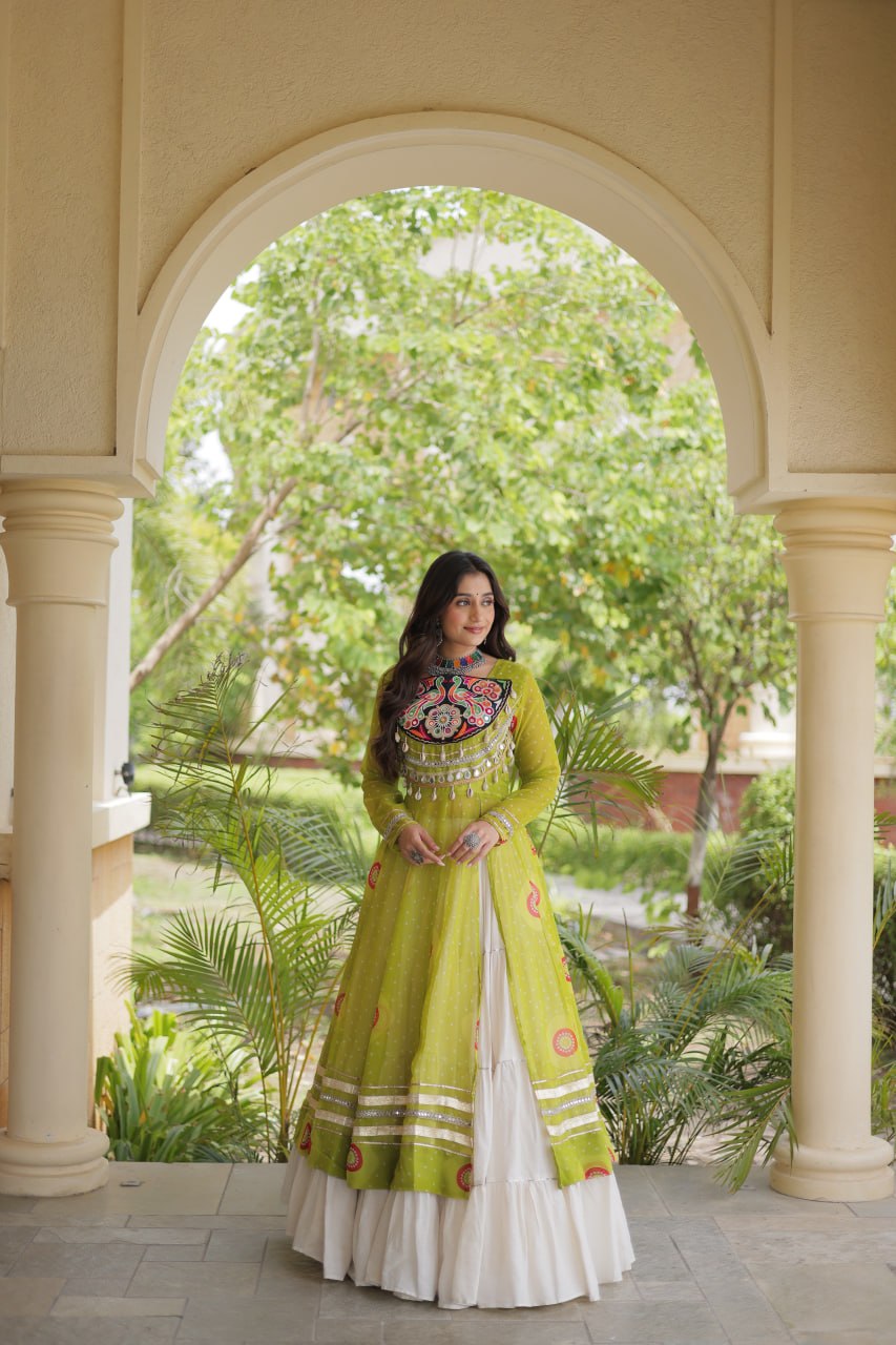 Parrot Green Bandhani Kurti With Lehenga