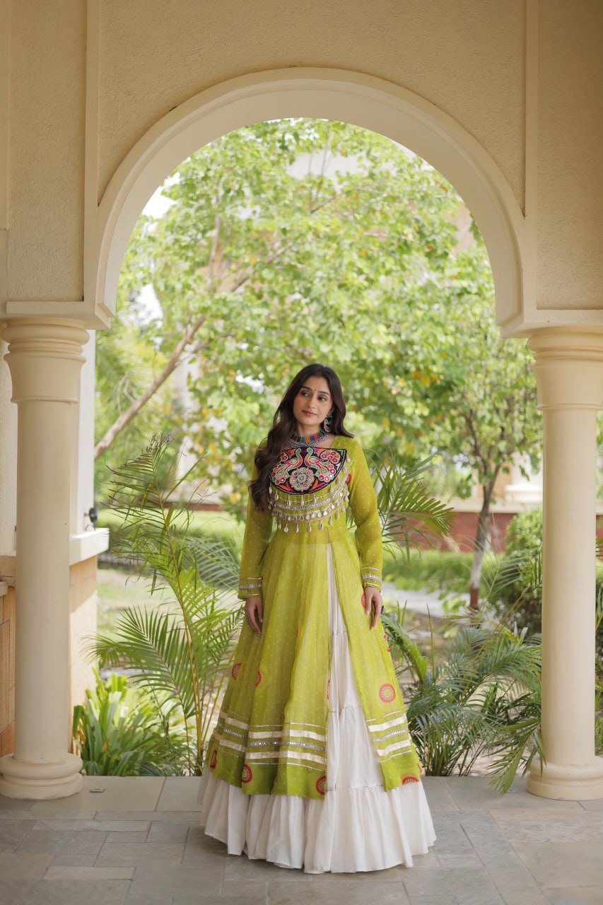 Parrot Green Bandhani Kurti With Lehenga