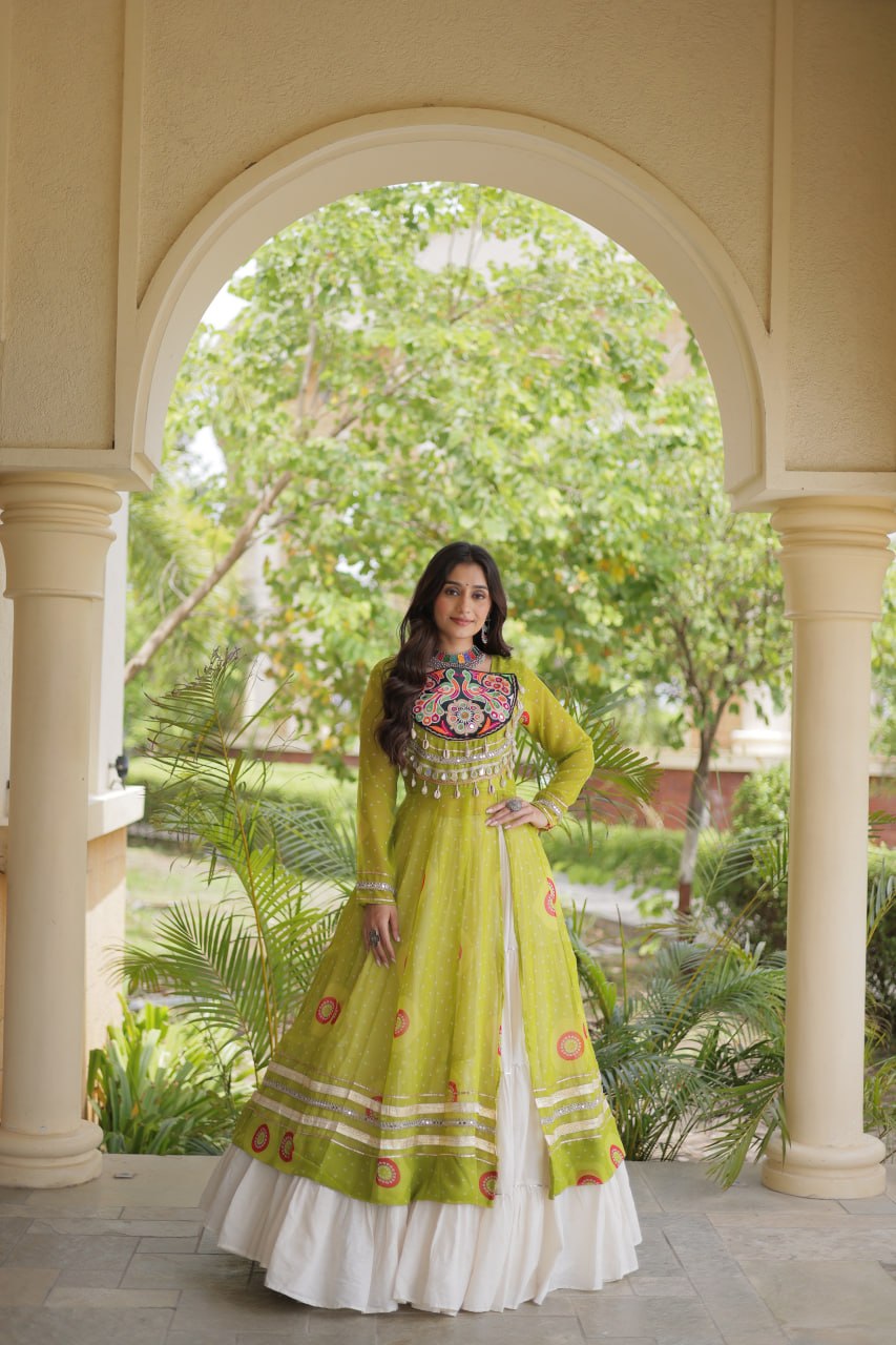 Parrot Green Bandhani Kurti With Lehenga