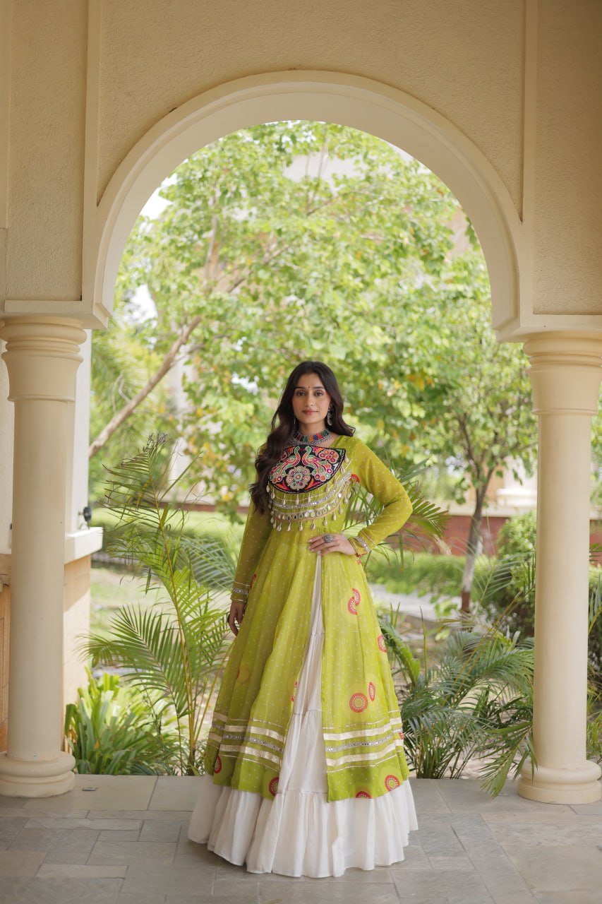 Parrot Green Bandhani Kurti With Lehenga