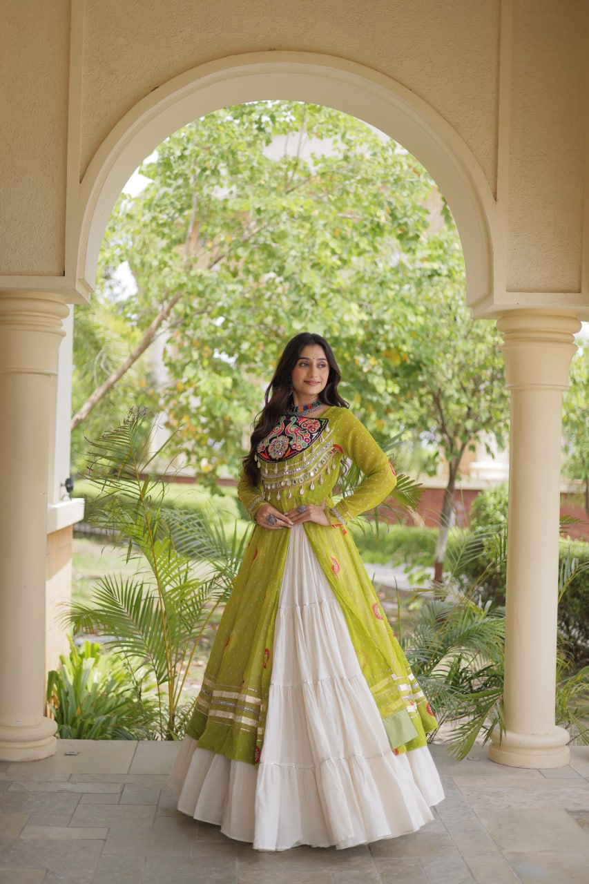 Parrot Green Bandhani Kurti With Lehenga