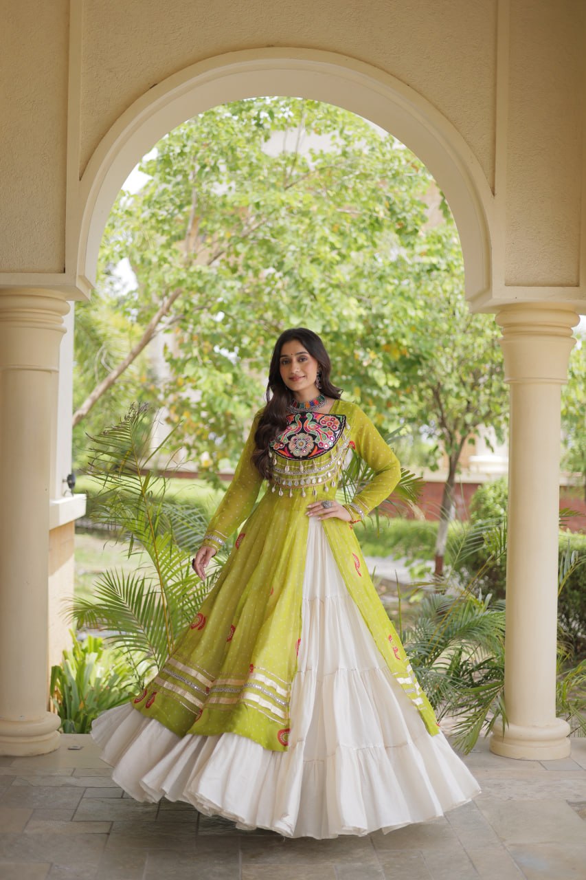 Parrot Green Bandhani Kurti With Lehenga