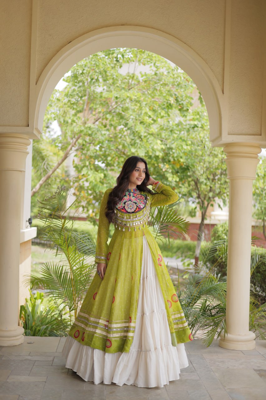 Parrot Green Bandhani Kurti With Lehenga