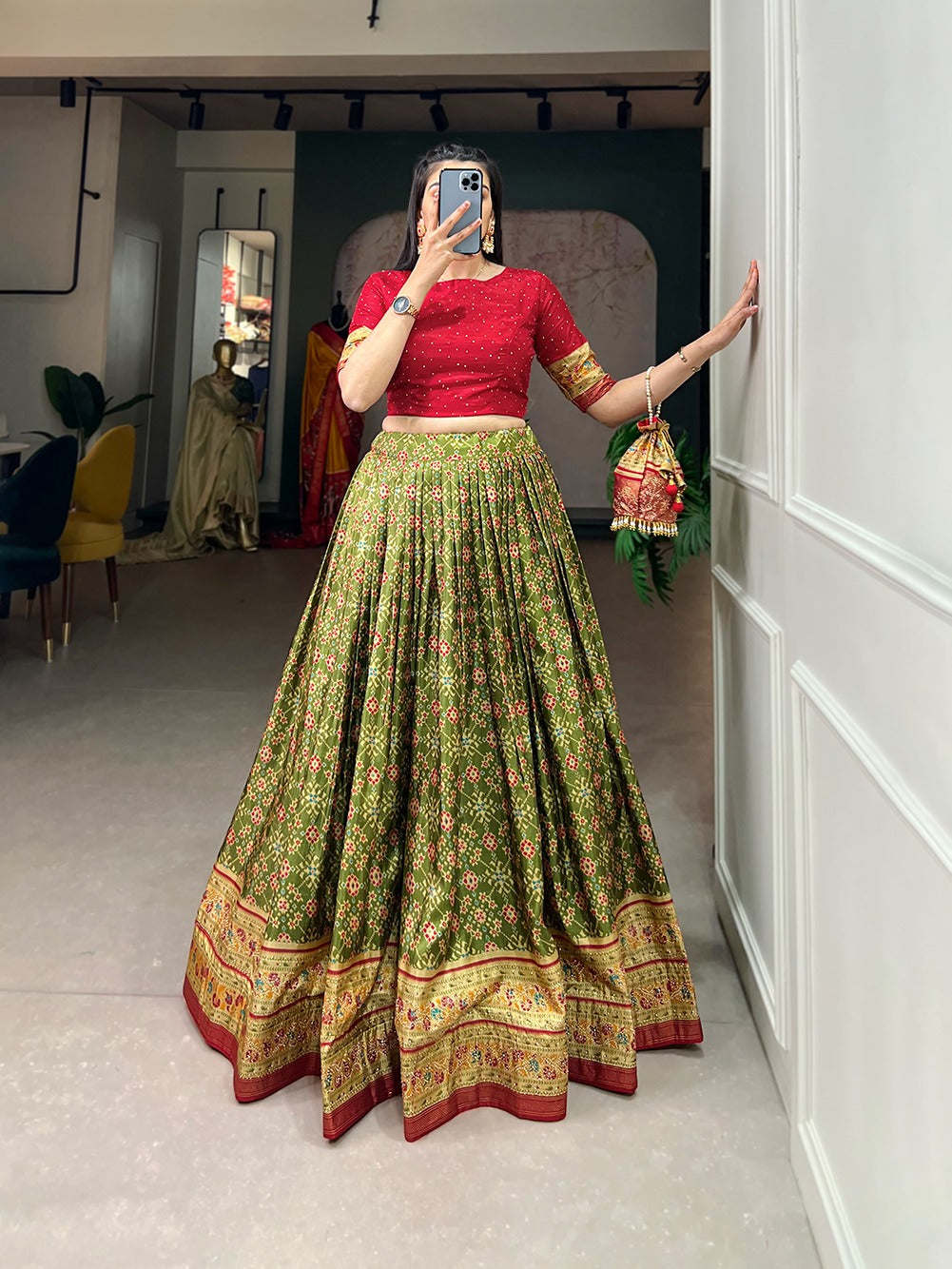 Parrot Green Color Ikkat Patola Co-ord Set Lehenga