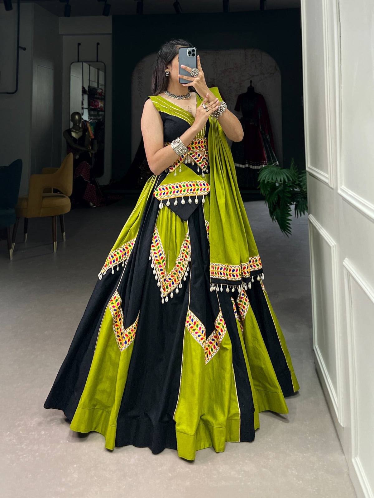 Parrot Green Cotton Lehenga Choli with Gamthi & Cowrie Lace