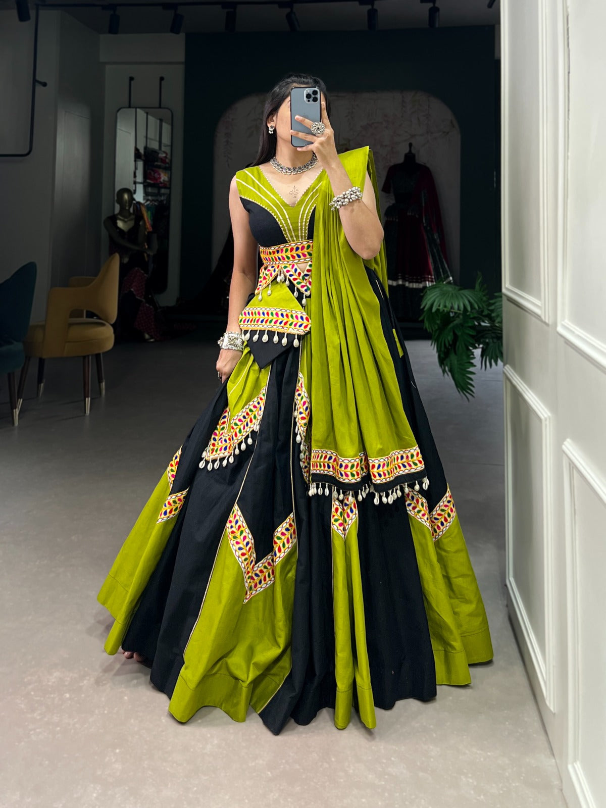 Parrot Green Cotton Lehenga Choli with Gamthi & Cowrie Lace