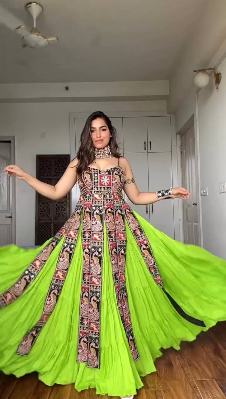 Parrot Green Elegant Bangalore Fabric Top with Thread & Sequin Work and Faux Georgette Lehenga Set
