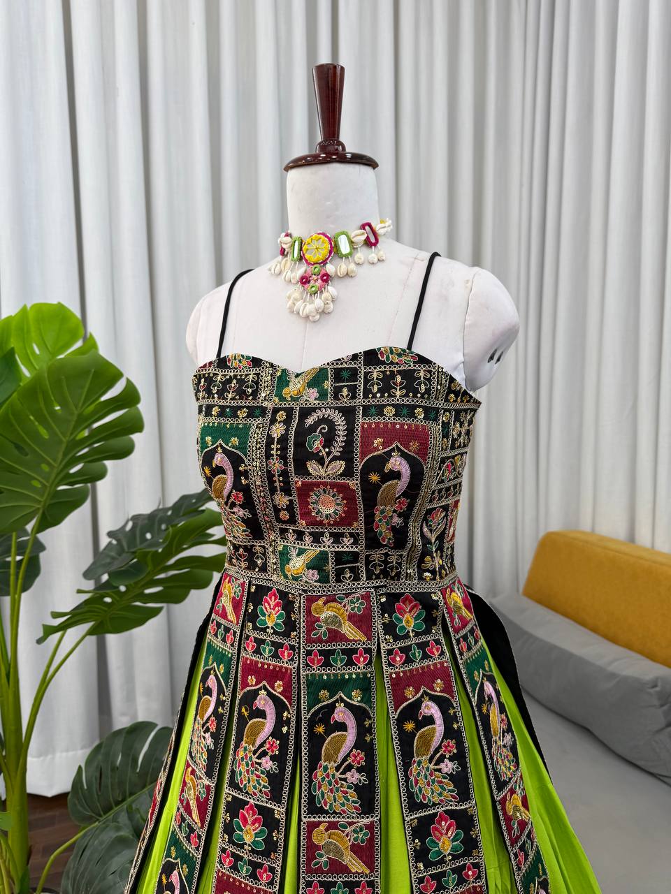 Parrot Green Elegant Bangalore Fabric Top with Thread & Sequin Work and Faux Georgette Lehenga Set