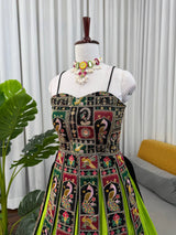 Parrot Green Elegant Bangalore Fabric Top with Thread & Sequin Work and Faux Georgette Lehenga Set
