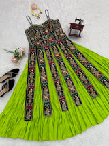 Parrot Green Elegant Bangalore Fabric Top with Thread & Sequin Work and Faux Georgette Lehenga Set
