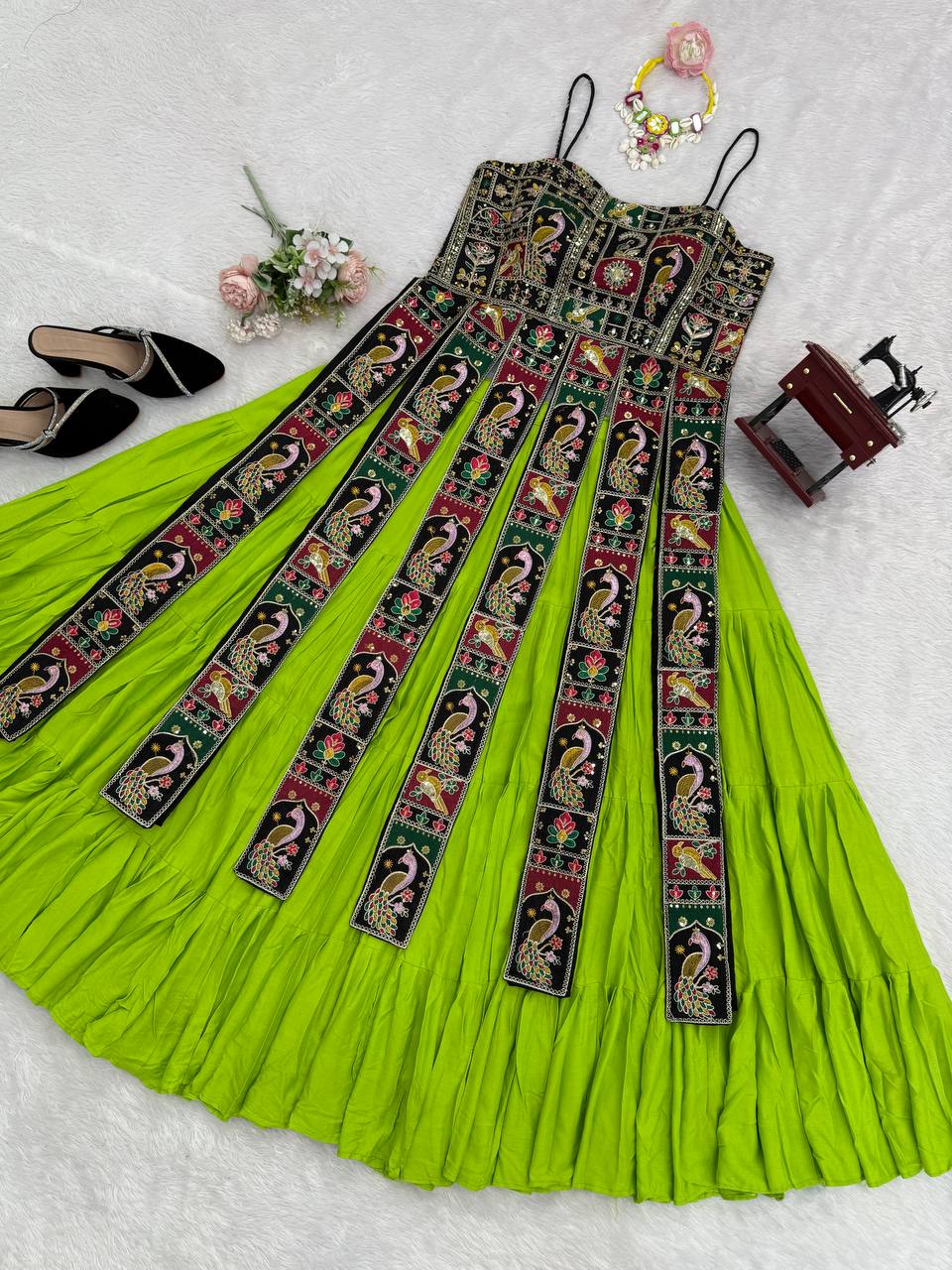 Parrot Green Elegant Bangalore Fabric Top with Thread & Sequin Work and Faux Georgette Lehenga Set