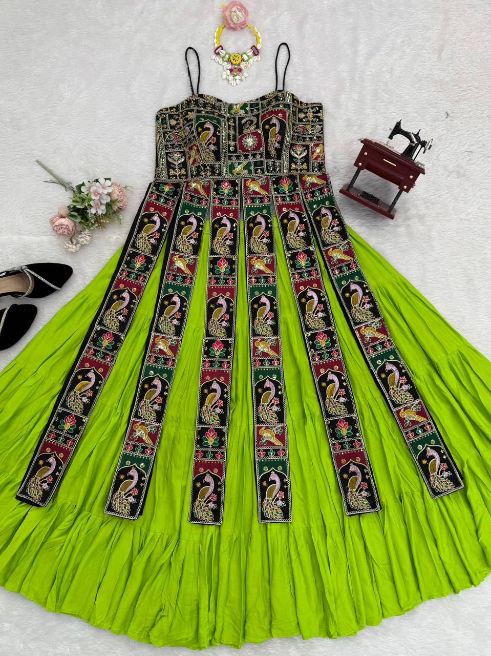 Parrot Green Elegant Bangalore Fabric Top with Thread & Sequin Work and Faux Georgette Lehenga Set