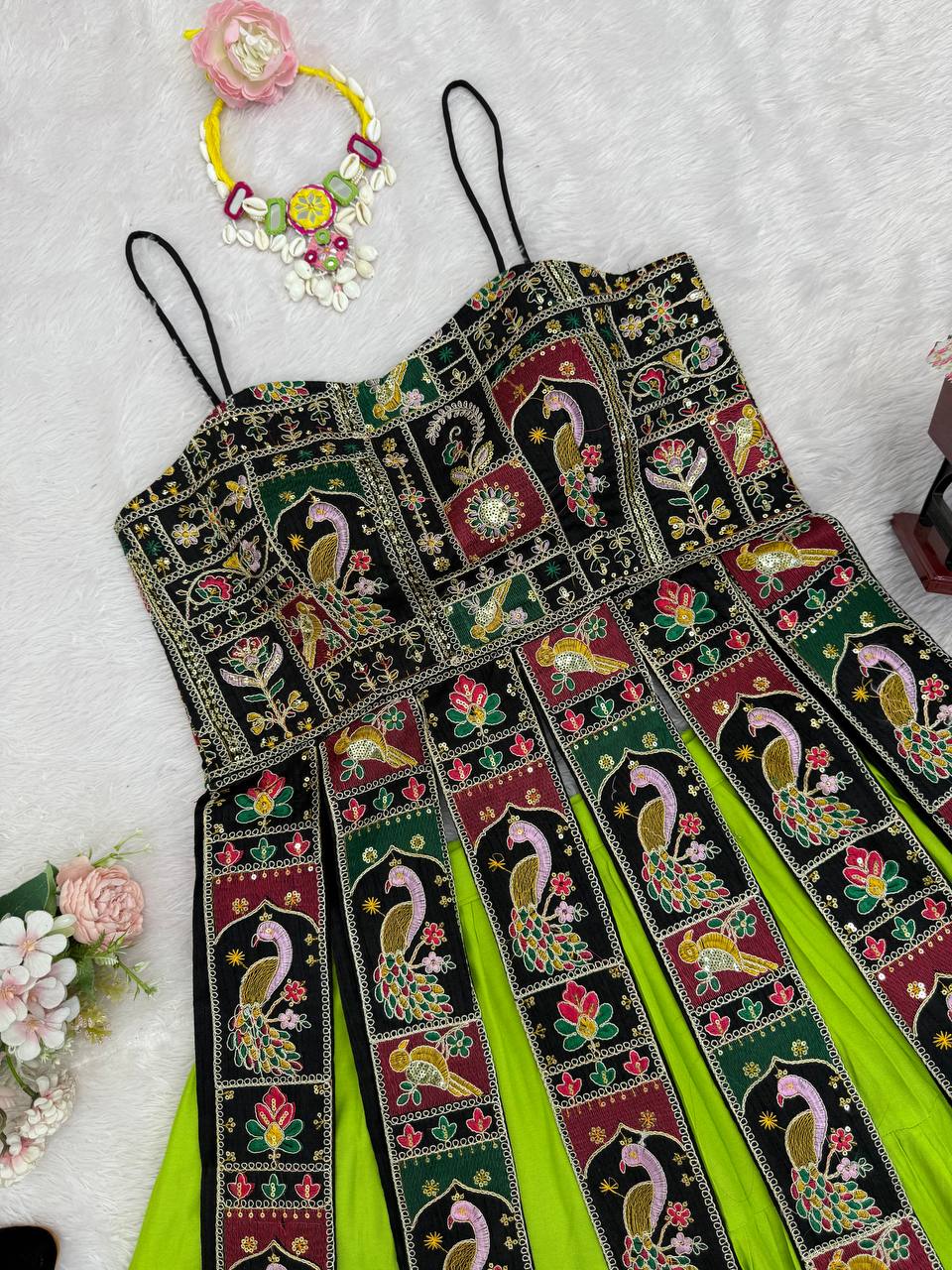Parrot Green Elegant Bangalore Fabric Top with Thread & Sequin Work and Faux Georgette Lehenga Set