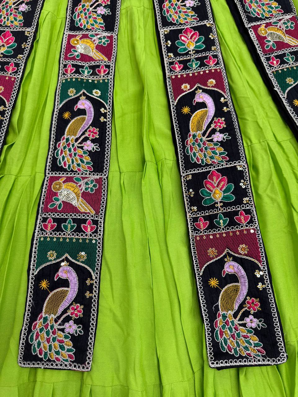 Parrot Green Elegant Bangalore Fabric Top with Thread & Sequin Work and Faux Georgette Lehenga Set