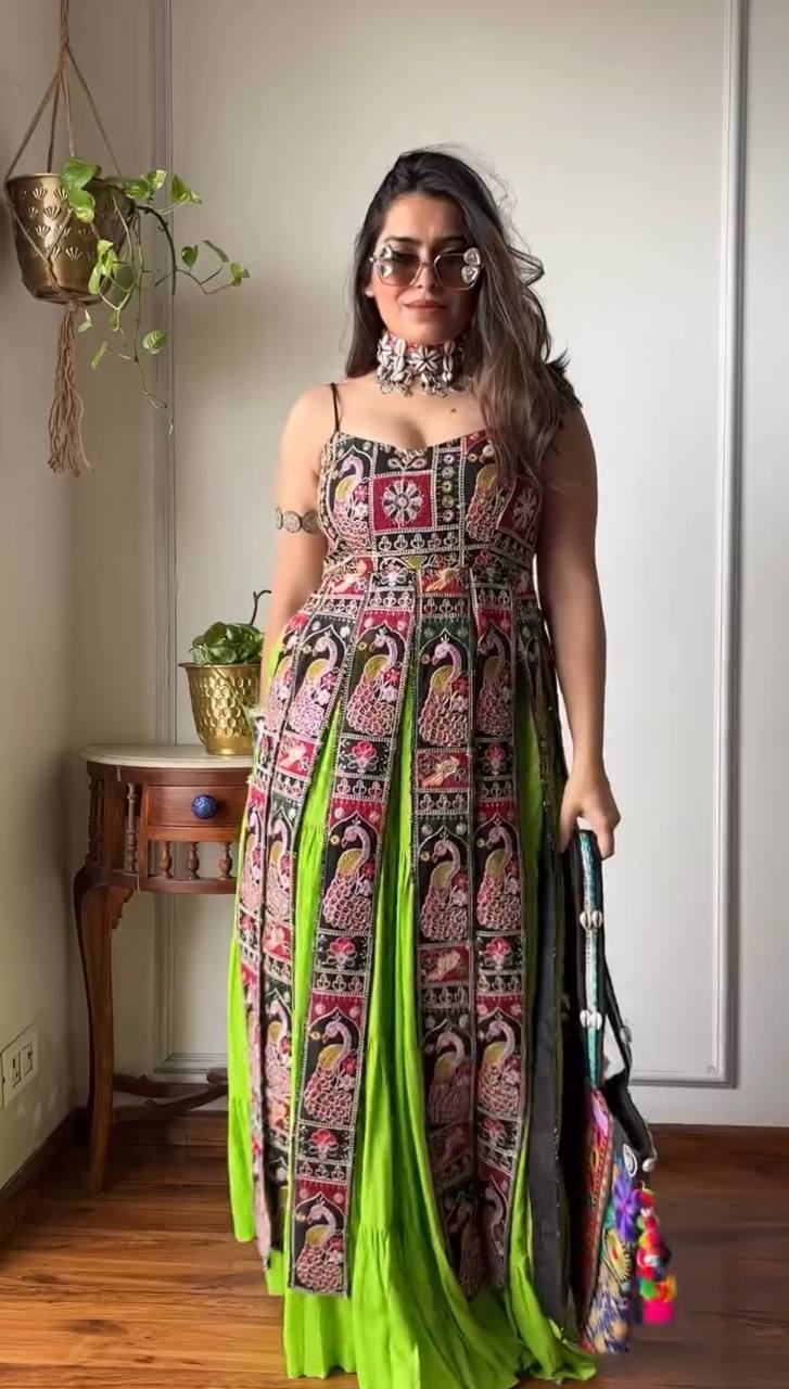 Parrot Green Elegant Bangalore Fabric Top with Thread & Sequin Work and Faux Georgette Lehenga Set