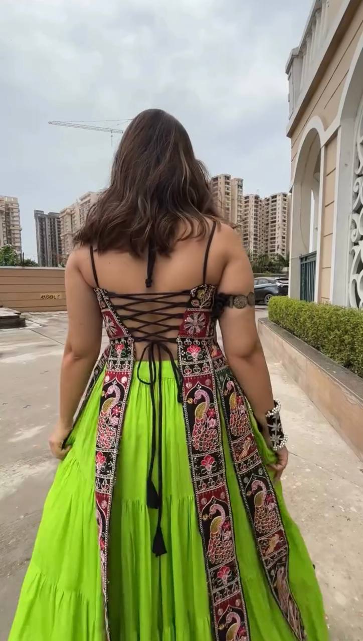 Parrot Green Elegant Bangalore Fabric Top with Thread & Sequin Work and Faux Georgette Lehenga Set