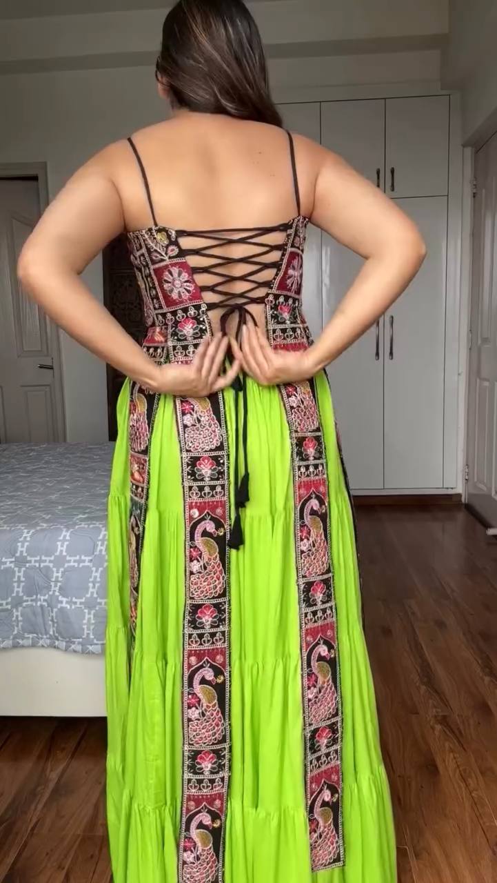 Parrot Green Elegant Bangalore Fabric Top with Thread & Sequin Work and Faux Georgette Lehenga Set