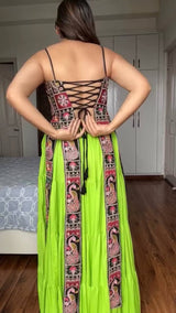 Parrot Green Elegant Bangalore Fabric Top with Thread & Sequin Work and Faux Georgette Lehenga Set