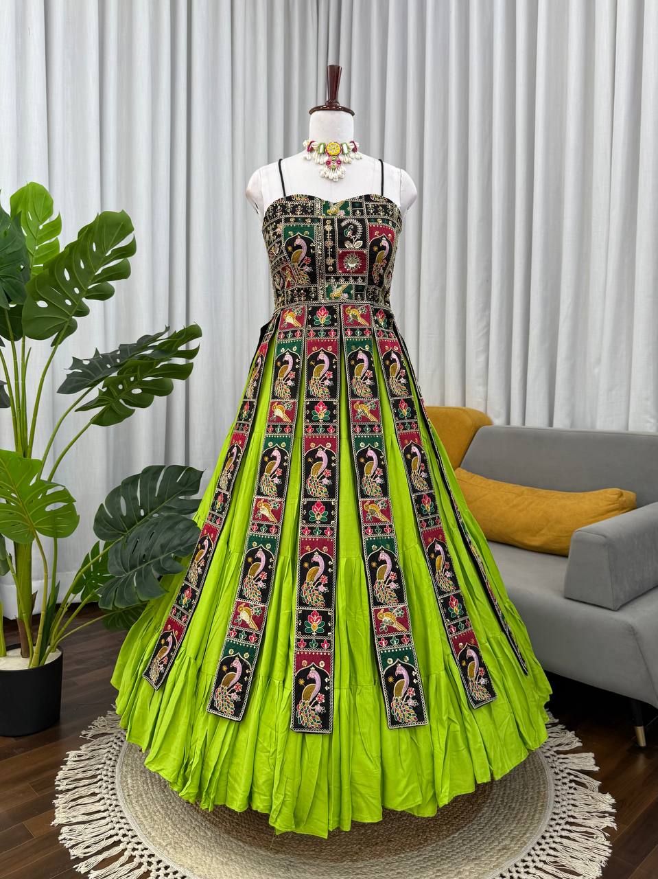 Parrot Green Elegant Bangalore Fabric Top with Thread & Sequin Work and Faux Georgette Lehenga Set