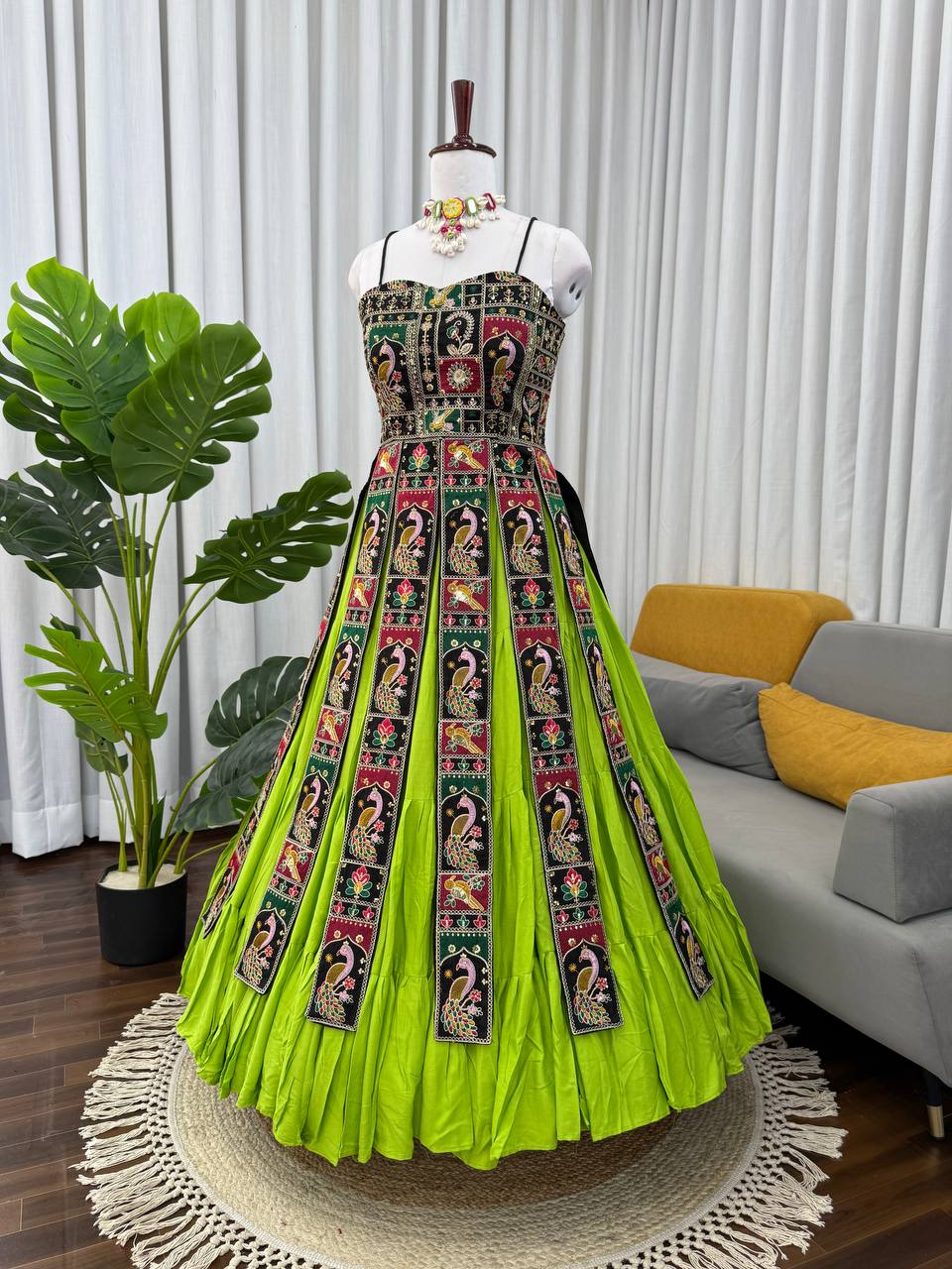 Parrot Green Elegant Bangalore Fabric Top with Thread & Sequin Work and Faux Georgette Lehenga Set