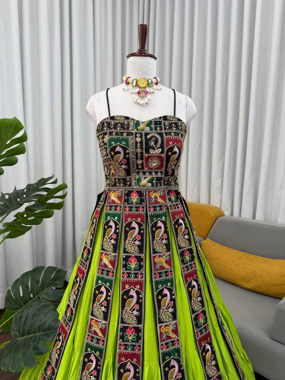 Parrot Green Elegant Bangalore Fabric Top with Thread & Sequin Work and Faux Georgette Lehenga Set