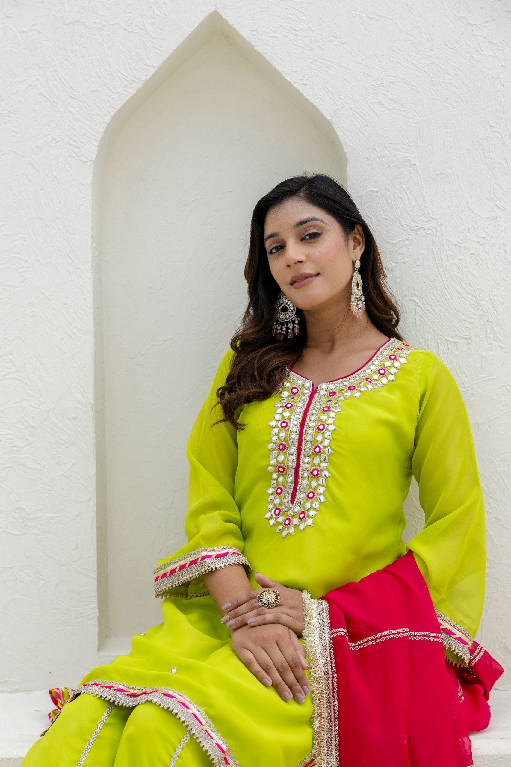 Parrot Green Elegant Organza 3-Piece Suit Set with Foil Embroidery, Pearl & Sequins Lace Work – Fully Stitched Ready to Wear