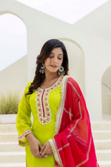 Parrot Green Elegant Organza 3-Piece Suit Set with Foil Embroidery, Pearl & Sequins Lace Work – Fully Stitched Ready to Wear