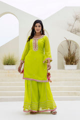 Parrot Green Elegant Organza 3-Piece Suit Set with Foil Embroidery, Pearl & Sequins Lace Work – Fully Stitched Ready to Wear