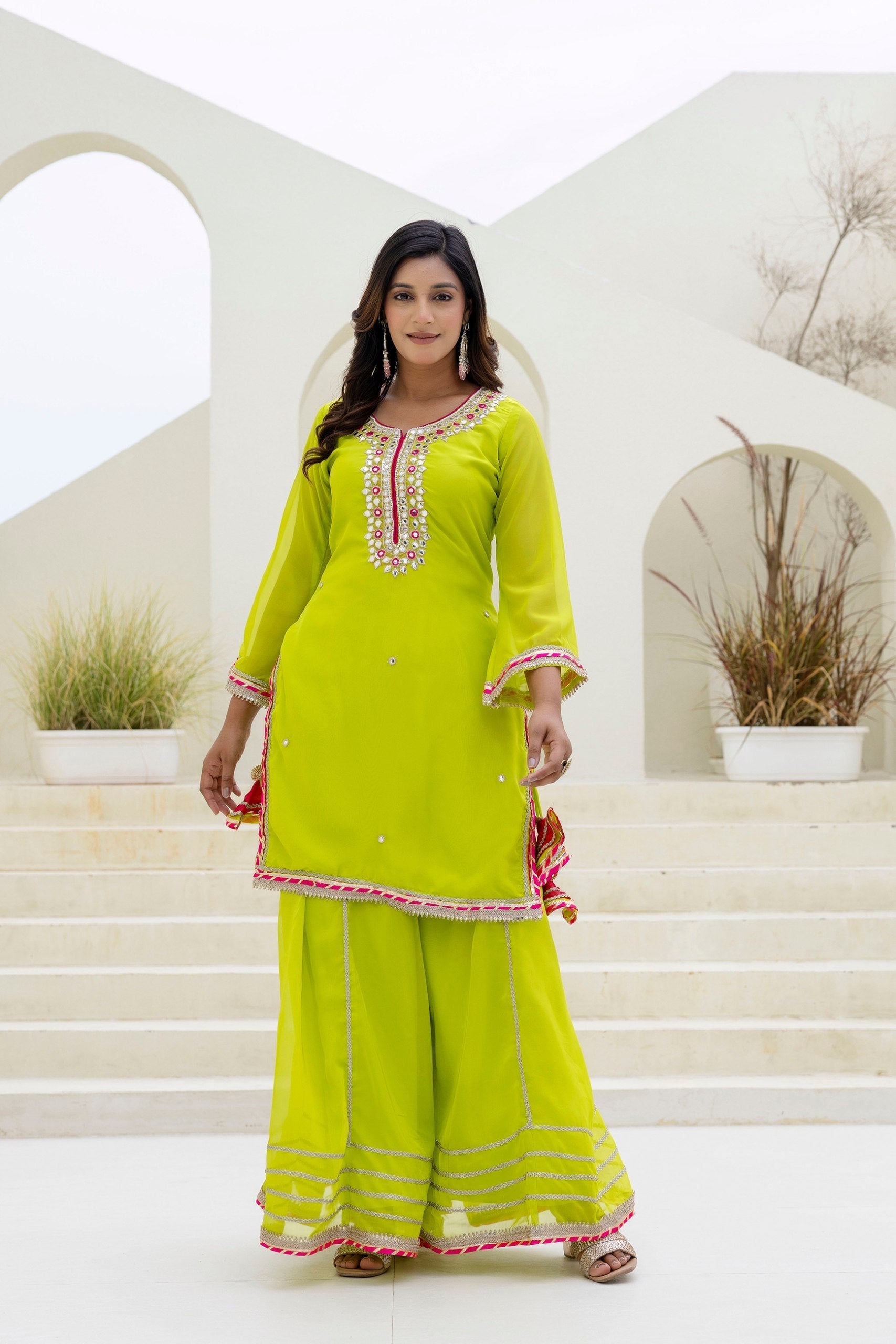 Parrot Green Elegant Organza 3-Piece Suit Set with Foil Embroidery, Pearl & Sequins Lace Work – Fully Stitched Ready to Wear