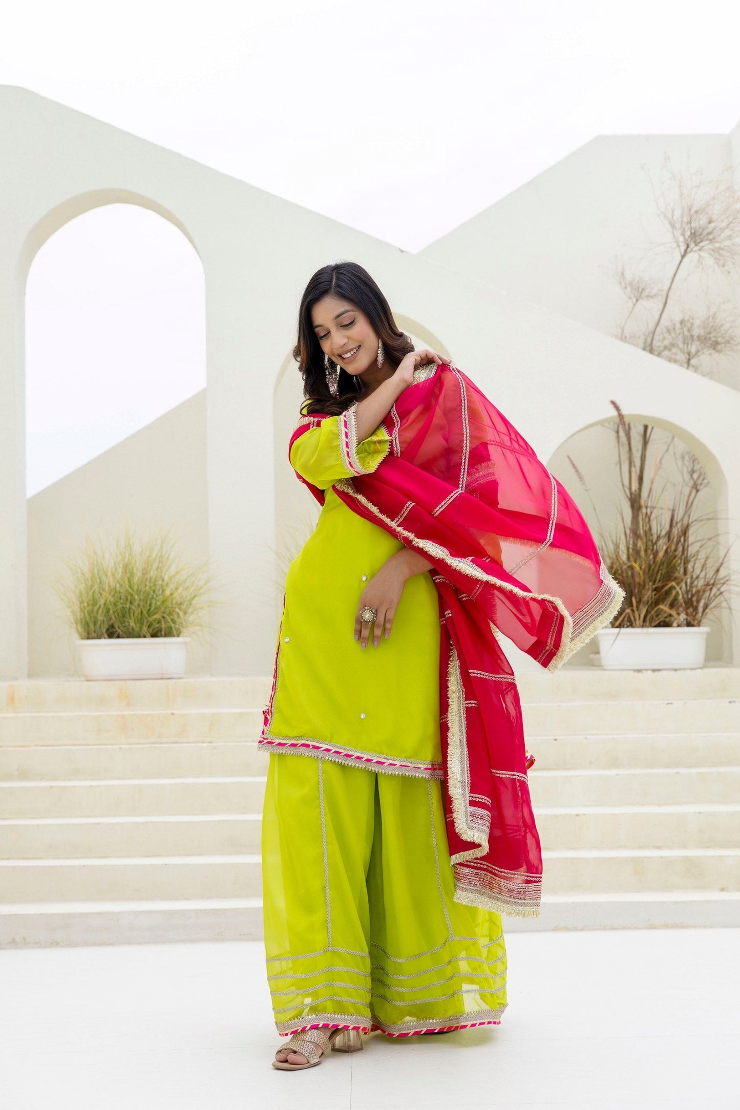 Parrot Green Elegant Organza 3-Piece Suit Set with Foil Embroidery, Pearl & Sequins Lace Work – Fully Stitched Ready to Wear