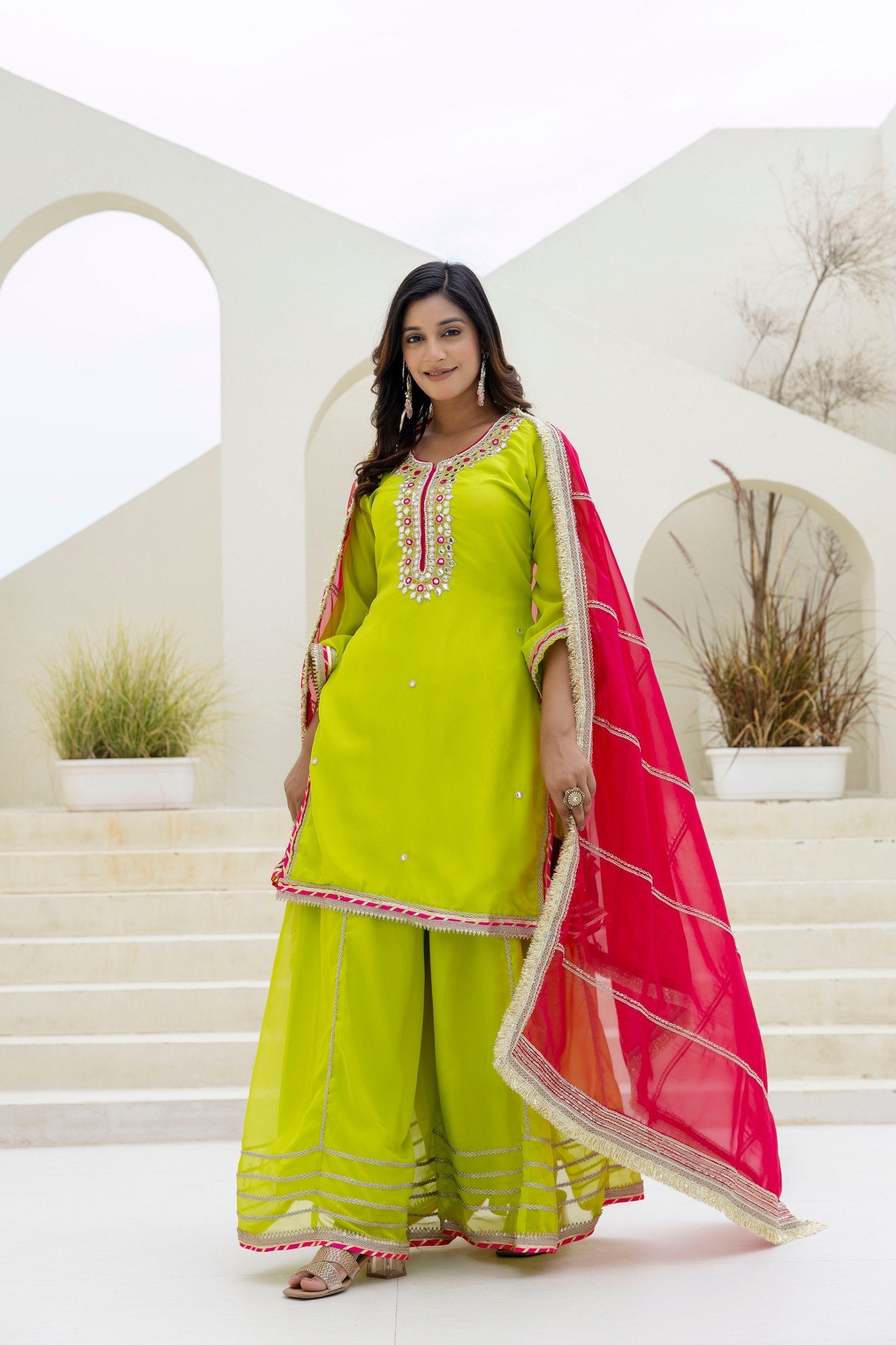 Parrot Green Elegant Organza 3-Piece Suit Set with Foil Embroidery, Pearl & Sequins Lace Work – Fully Stitched Ready to Wear