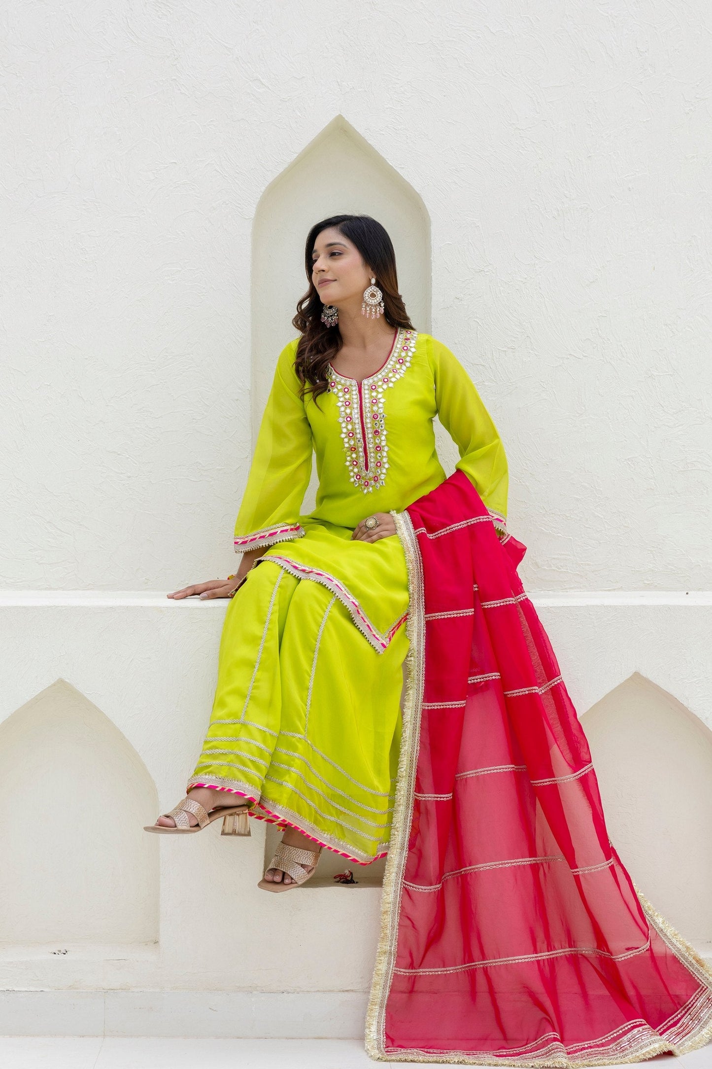 Parrot Green Elegant Organza 3-Piece Suit Set with Foil Embroidery, Pearl & Sequins Lace Work – Fully Stitched Ready to Wear