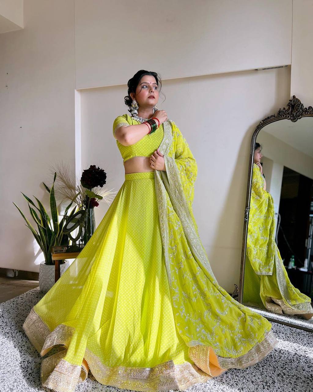 Parrot Green Glam Luxe Semi-Stitched Lehenga Choli Set – Faux Georgette with Sequins & Digital Print