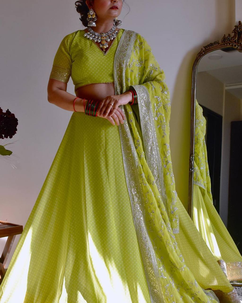Parrot Green Glam Luxe Semi-Stitched Lehenga Choli Set – Faux Georgette with Sequins & Digital Print