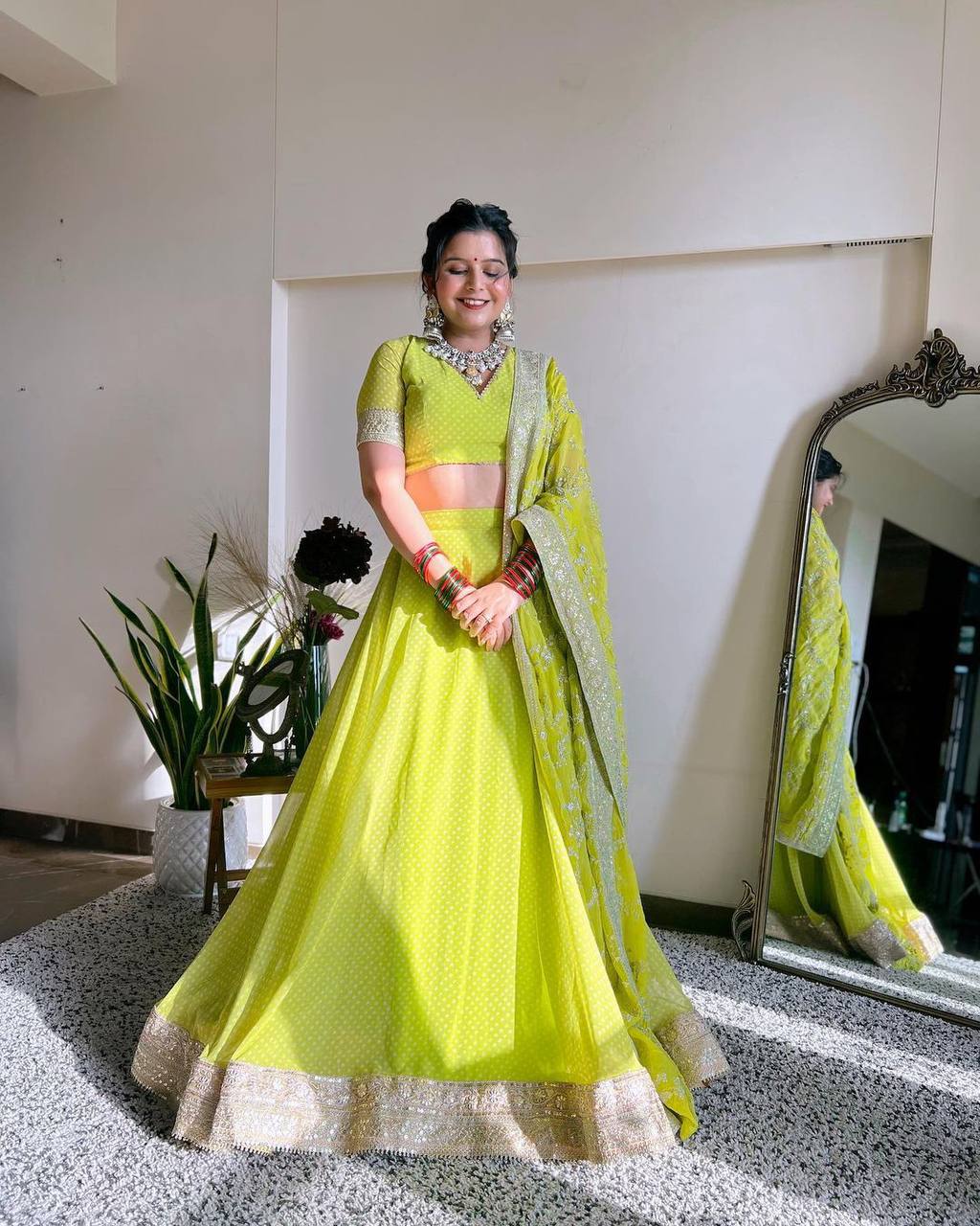 Parrot Green Glam Luxe Semi-Stitched Lehenga Choli Set – Faux Georgette with Sequins & Digital Print