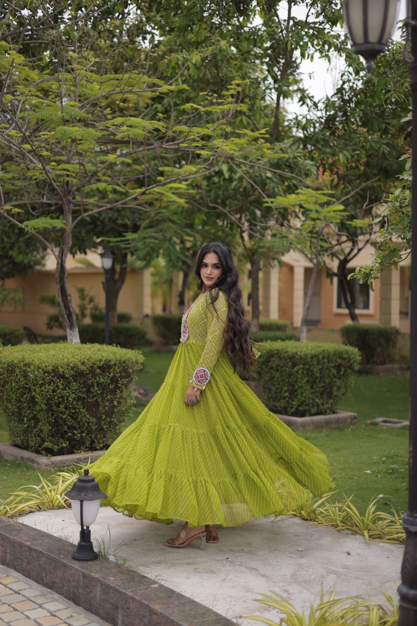 Parrot Green Laheriya Print Gown