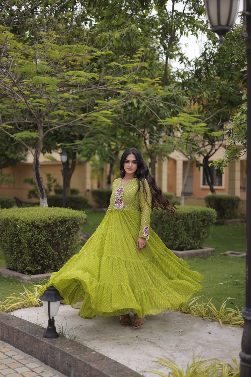 Parrot Green Laheriya Print Gown