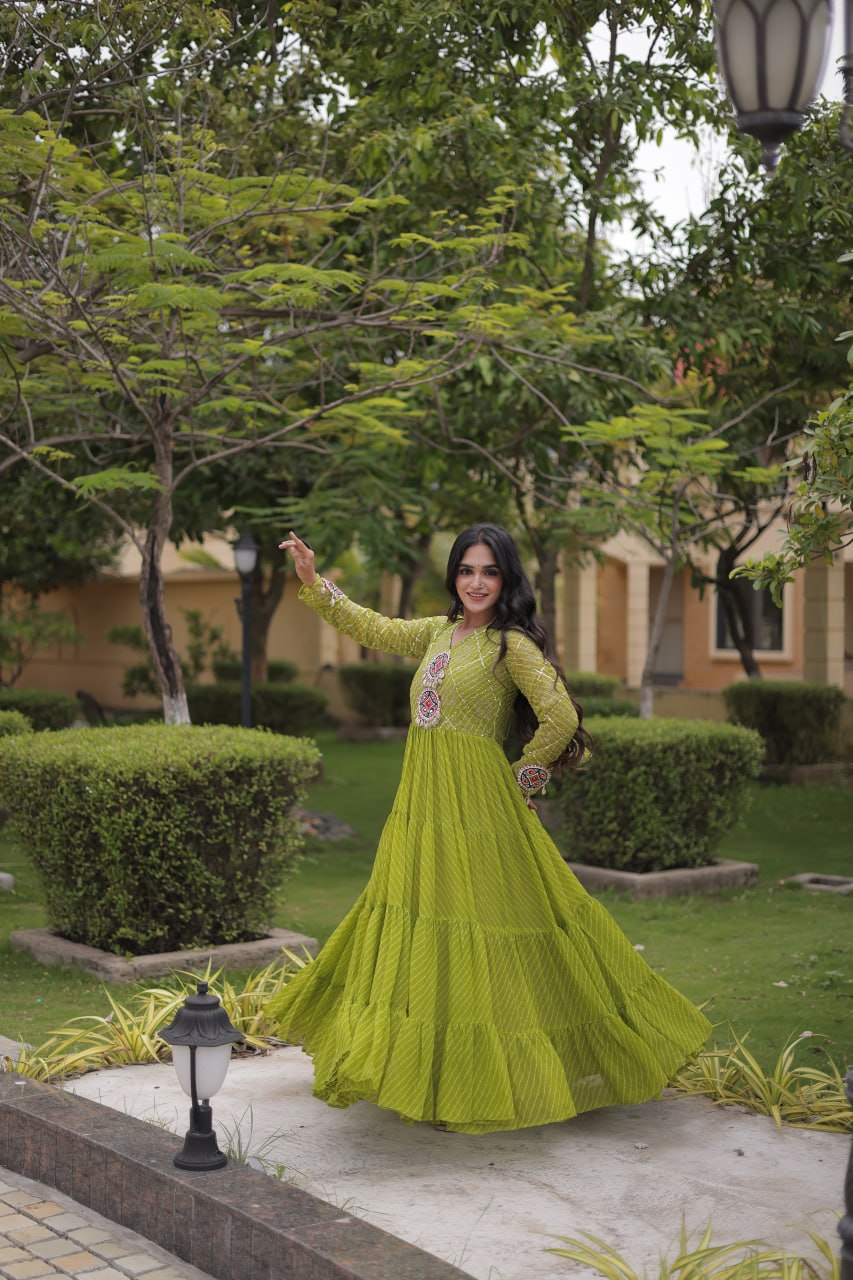 Parrot Green Laheriya Print Gown