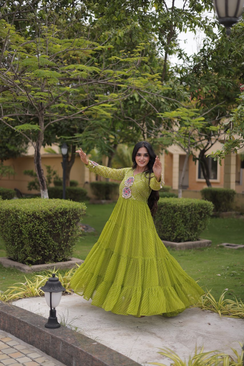 Parrot Green Laheriya Print Gown