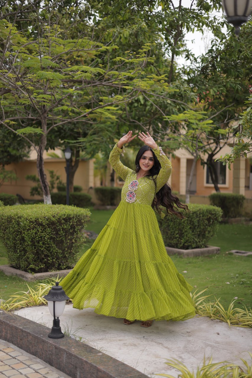 Parrot Green Laheriya Print Gown