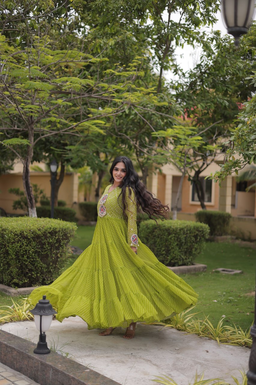 Parrot Green Laheriya Print Gown